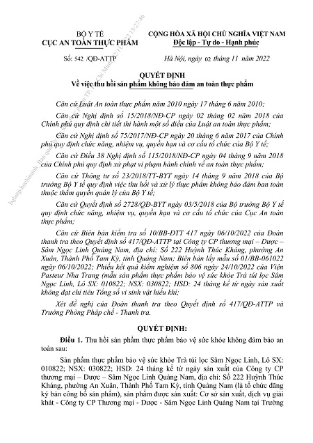 CẢNH BÁO Sản phẩm thực phẩm bảo vệ sức khỏe Trà túi lọc Sâm Ngọc Linh đã bị thu hồi sản phẩm
