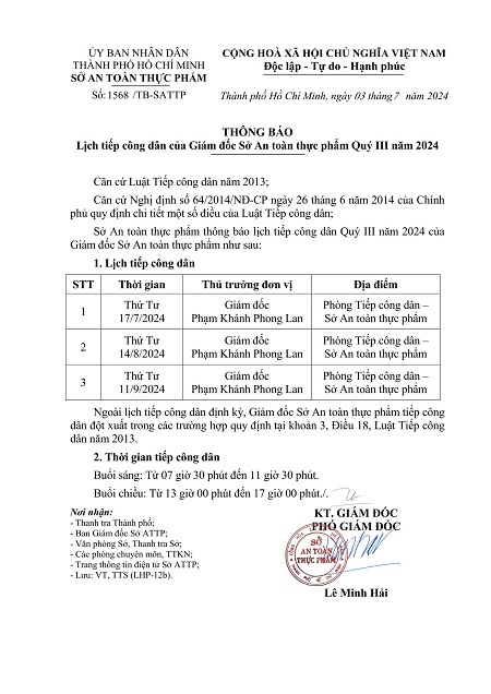 Thông báo Lịch tiếp công dân của Giám đốc Sở An toàn thực phẩm Quý III năm 2024