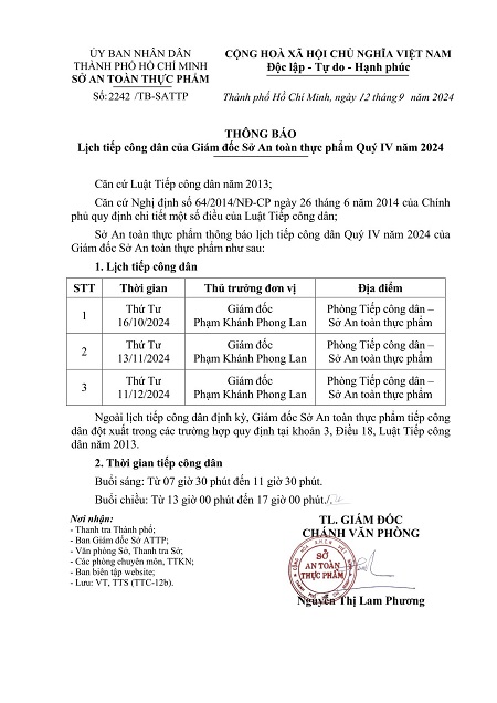 Thông báo Lịch tiếp công dân của Giám đốc Sở An toàn thực phẩm Quý IV năm 2024