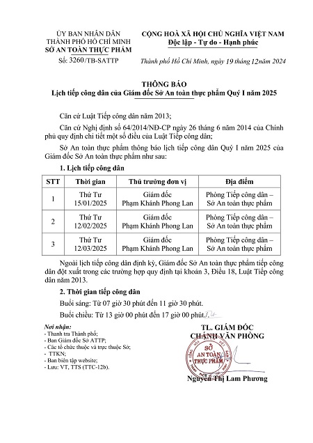 Thông báo lịch tiếp công dân của Giám đốc Sở An toàn thực phẩm Quý I năm 2025