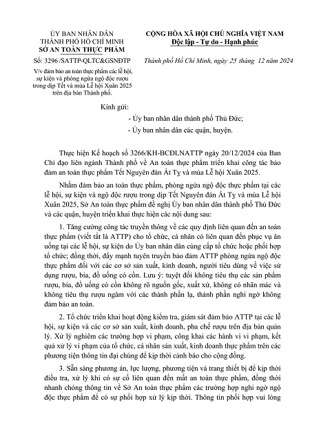 Công văn về việc đảm bảo an toàn thực phẩm các lễ hội, sự kiện và phòng ngừa ngộ độc rượu trong dịp Tết và mùa Lễ hội Xuân 2025 trên địa bàn Thành phố