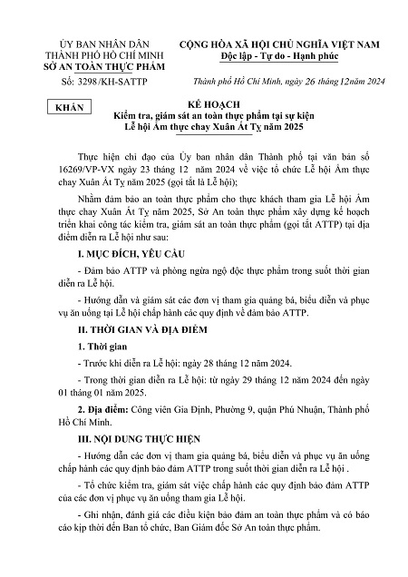 Kế hoạch Kiểm tra, giám sát an toàn thực phẩm tại sự kiện Lễ hội Ẩm thực chay Xuân Ất Tỵ năm 2025