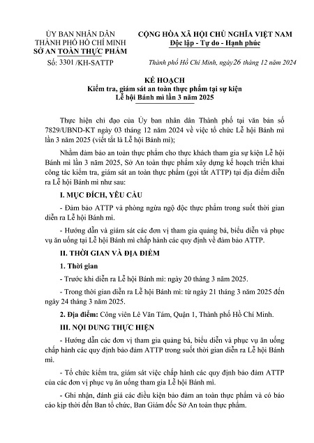 Kế hoạch Kiểm tra, giám sát an toàn thực phẩm tại sự kiện Lễ hội Bánh mì lần 3 năm 2025