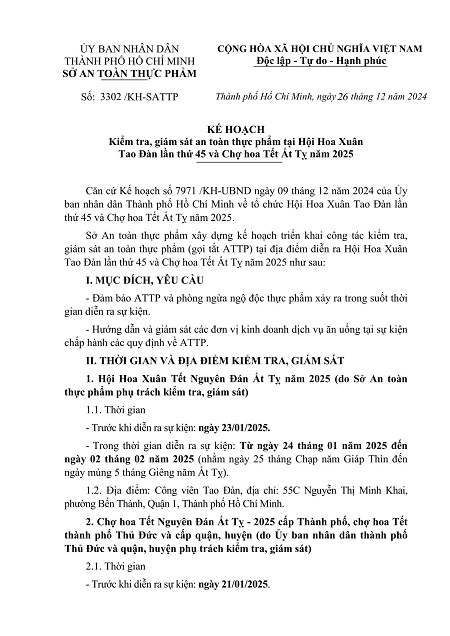 Kế hoạch Kiểm tra, giám sát an toàn thực phẩm tại Hội Hoa Xuân Tao Đàn lần thứ 45 và Chợ hoa Tết Ất Tỵ năm 2025