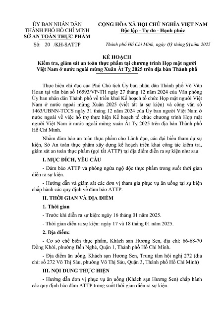 Kế hoạch Kiểm tra, giám sát an toàn thực phẩm tại chương trình Họp mặt người Việt Nam ở nước ngoài mừng Xuân Ất Tỵ 2025 trên địa bàn Thành phố