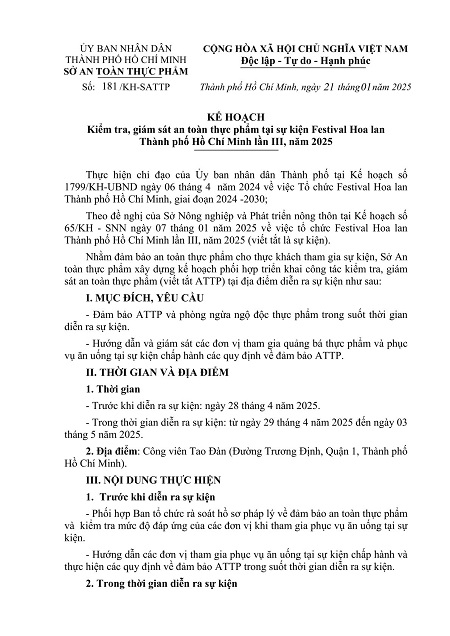 Kế hoạch kiểm tra, giám sát an toàn thực phẩm tại sự kiện Festival Hoa lan Thành phố Hồ Chí Minh lần III, năm 2025