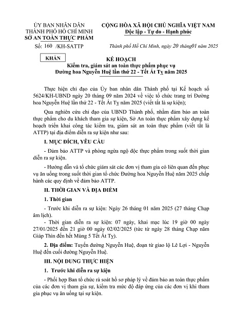 Kế hoạch Kiểm tra, giám sát an toàn thực phẩm phục vụ Đường hoa Nguyễn Huệ lần thứ 22 - Tết Ất Tỵ năm 2025