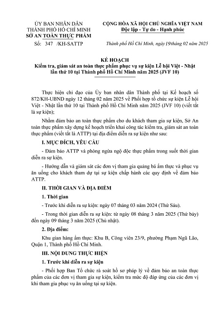 Kế hoạch Kiểm tra, giám sát an toàn thực phẩm phục vụ sự kiện Lễ hội Việt - Nhật lần thứ 10 tại Thành phố Hồ Chí Minh năm 2025 (JVF 10) 