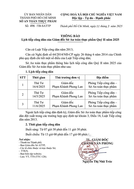 Thông báo Lịch tiếp công dân của Giám đốc Sở An toàn thực phẩm Quý II năm 2025