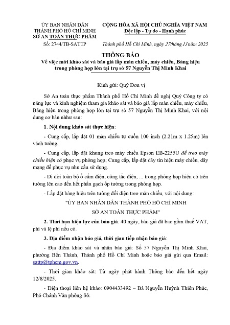 THÔNG BÁO Về việc mời khảo sát và báo giá lắp màn chiếu, máy chiếu, Bảng hiệu trong phòng họp lớn tại trụ sở 57 Nguyễn Thị Minh Khai