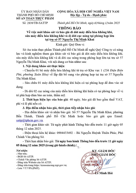 Thông báo về việc mời khảo sát và báo giá di dời máy điều hòa không khí, sửa máy điều hòa không khí và di dời cục nóng tại phòng họp lớn tại trụ sở 57 Nguyễn Thị Minh Khai