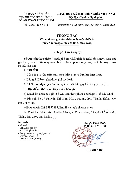 Thông báo về việc mời báo giá sửa chữa máy móc thiết bị (máy photocopy, máy vi tính, máy scan)