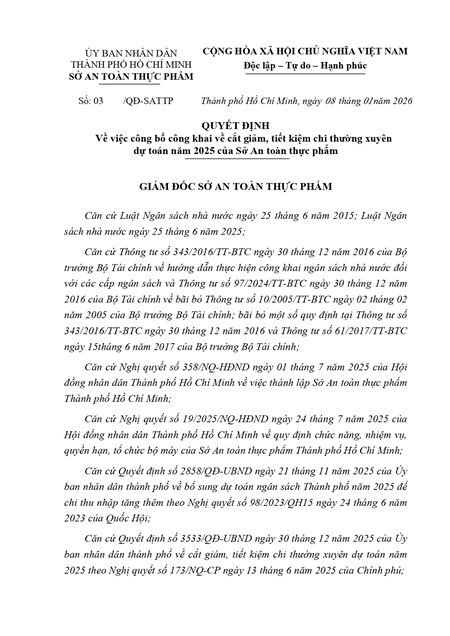Công bố công khai về cắt giảm, tiết kiệm chi thường xuyên dự toán ngân sách nhà nước năm 2025 của Sở An toàn thực phẩm 