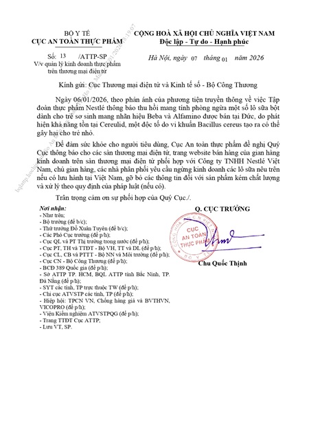 Công văn số 13/ATTP-SP ngày 07/01/2026 của Cục An toàn thực phẩm về việc quản lý kinh doanh thực phẩm trên thương mại điện tử