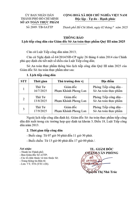 Thông báo Lịch tiếp công dân của Giám đốc Sở An toàn thực phẩm Quý III năm 2025