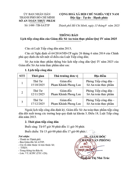 Thông báo Lịch tiếp công dân của Giám đốc Sở An toàn thực phẩm Quý IV năm 2025