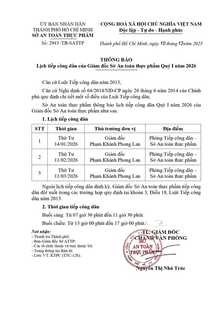 Thông báo Lịch tiếp công dân của Giám đốc Sở An toàn thực phẩm Quý I năm 2026