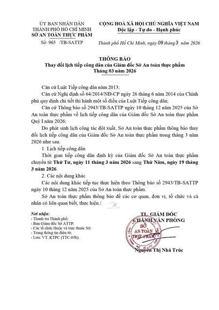 Thông báo Thay đổi lịch tiếp công dân của Giám đốc Sở An toàn thực phẩm Tháng 03 năm 2026