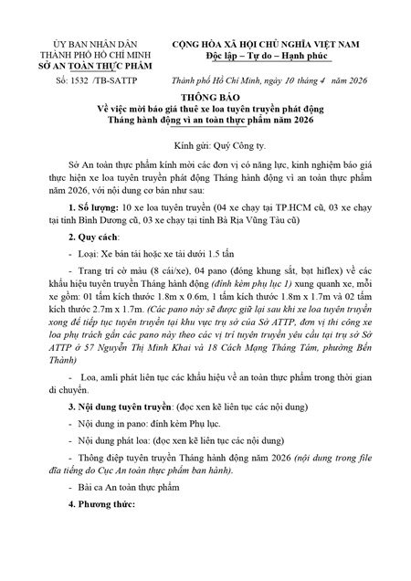 Thông báo mời báo giá thuê xe loa tuyên truyền phát động Tháng hành động vì an toàn thực phẩm năm 2026 