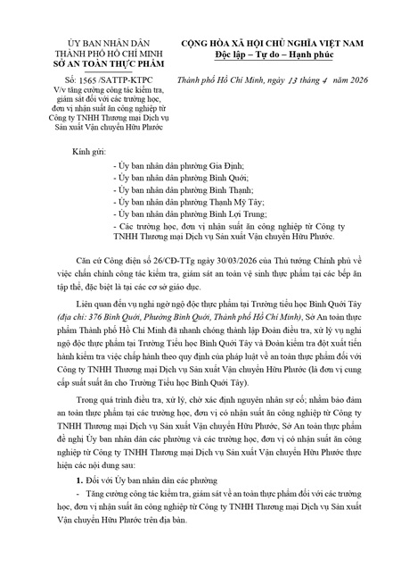 Công văn tăng cường công tác kiểm tra, giám sát đối với các trường học, đơn vị nhận suất ăn công nghiệp từ Công ty TNHH Thương mại Dịch vụ Sản xuất Vận chuyển Hữu Phước 