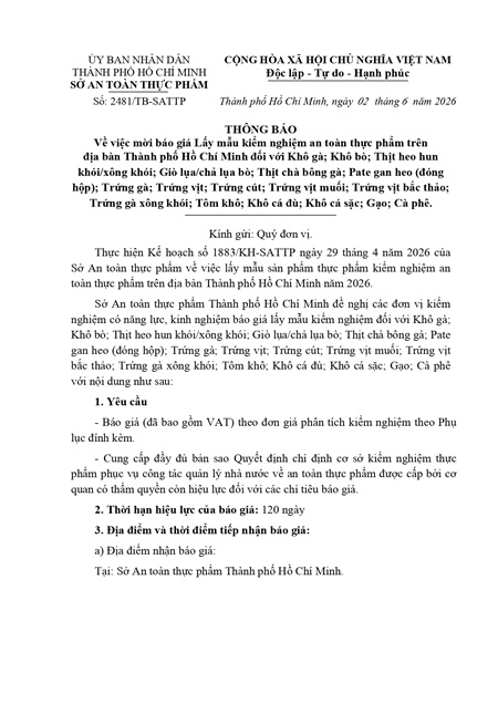 Thông báo mời báo giá Lấy mẫu kiểm nghiệm an toàn thực phẩm trên địa bàn Thành phố Hồ Chí Minh đối với Khô gà; Khô bò; Thịt heo hun khói/xông khói; Giò lụa/chả lụa bò; Thịt chà bông gà; Pate gan heo (đóng hộp); Trứng gà; Trứng vịt; Trứng cút; Trứng vịt muối; Trứng vịt bắc thảo; Trứng gà xông khói; Tôm khô; Khô cá đù; Khô cá sặc; Gạo; Cà phê