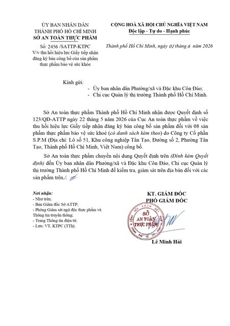 Công văn thu hồi hiệu lực Giấy tiếp nhận đăng ký bản công bố của sản phẩm thực phẩm bảo vệ sức khỏe