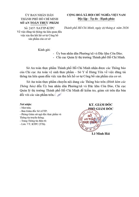 Công văn về việc đăng tải thông tin liên quan đến việc xin thu hồi hồ sơ tự Công bố sản phẩm của cơ sở