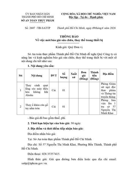 Thông báo mời báo giá sửa chữa, thay thế trang thiết bị