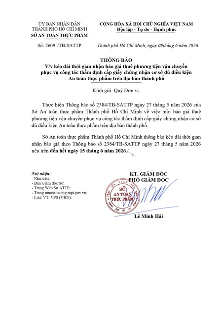 Thông báo kéo dài thời gian nhận báo giá thuê phương tiện vận chuyển phục vụ công tác thẩm định cấp giấy chứng nhận cơ sở đủ điều kiện An toàn thực phẩm trên địa bàn thành phố