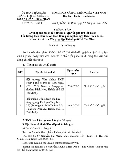 Thông báo mời báo giá thuê phương di chuyển cho lớp tập huấn bồi dưỡng kiến thức về an toàn thực phẩm phối hợp Ban Quản lý các Khu chế xuất và Công nghiệp Thành phố Hồ Chí Minh