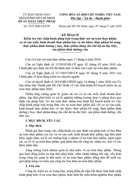 Kế hoạch Kiểm tra việc chấp hành pháp luật trong lĩnh vực an toàn thực phẩm cơ sở sản xuất, kinh doanh thực phẩm bảo vệ sức khỏe, thực phẩm bổ sung, thực phẩm dinh dưỡng y học, thực phẩm dùng cho chế độ ăn đặc biệt, sản phẩm dinh dưỡng, sữa 