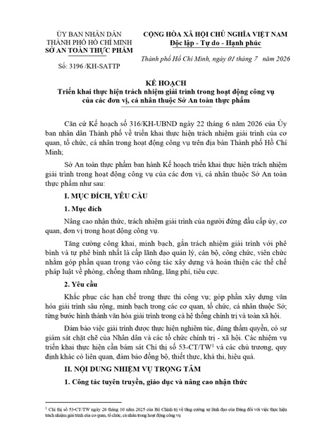 KẾ HOẠCH Triển khai thực hiện trách nhiệm giải trình trong hoạt động công vụ của các đơn vị, cá nhân thuộc Sở An toàn thực phẩm