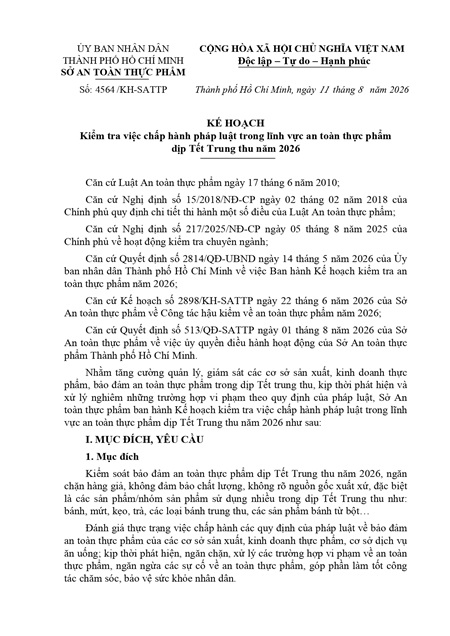 KẾ HOẠCH Kiểm tra việc chấp hành pháp luật trong lĩnh vực an toàn thực phẩm dịp Tết Trung thu năm 2026 
