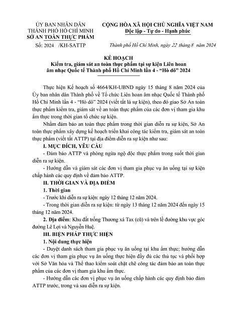 Kế hoạch Kiểm tra, giám sát an toàn thực phẩm tại sự kiện Liên hoan âm nhạc Quốc tế Thành phố Hồ Chí Minh lần 4 - “Hò dô” 2024 