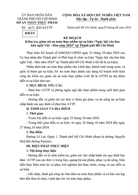 Kế hoạch Kiểm tra, giám sát an toàn thực phẩm tại sự kiện “Ngày hội văn hóa hữu nghị Việt - Hàn năm 2024” tại Thành phố Hồ Chí Minh 